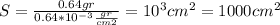 S = \frac{0.64gr}{0.64* 10^{-3} \frac{gr}{cm2} } = 10^{3} cm^{2} = 1000 cm^{2}