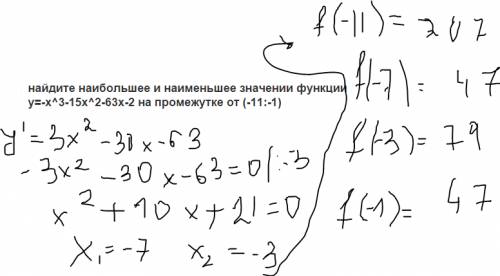 Найдите наибольшее и наименьшее значении функции y=-x^3-15x^2-63x-2 на промежутке от (-11: -1)