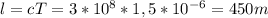 l=cT=3*10^{8}*1,5*10^{-6}=450m