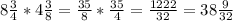 8 \frac{3}{4} * 4 \frac{3}{8} = \frac{35}{8} * \frac{35}{4} = \frac{1222}{32} = 38 \frac{9}{32}