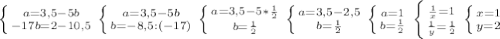 \left \{ {{a=3,5-5b} \atop {-17b=2-10,5}} \right. \left \{ {{a=3,5-5b} \atop {b=-8,5:(-17)}} \right. \left \{ {{a=3,5-5* \frac{1}{2} } \atop {b= \frac{1}{2} }} \right. \left \{ {{a=3,5-2,5 } \atop {b= \frac{1}{2} }} \right. \left \{ {{a=1 } \atop {b= \frac{1}{2} }} \right. \left \{ {{ \frac{1}{x} =1} \atop { \frac{1}{y} = \frac{1}{2} }} \right. \left \{ {{x=1} \atop {y=2}} \right.