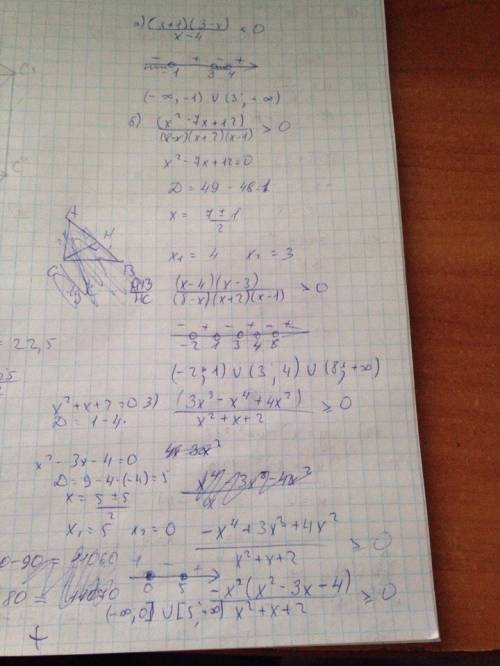 Решите неравенство методом интервалов: 1) ((х+1)(3-х))/(х-4)< 0 2) (х^2-7х+12)/((8-х)(х+2)(х-1))&