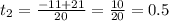 t_{2}= \frac{-11+21}{20}=\frac{10}{20}=0.5