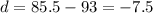 d=85.5-93=-7.5