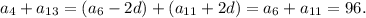 a_4+a_{13}=(a_6-2d)+(a_{11}+2d)=a_6+a_{11}=96.