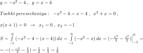 y=-x^2-4\; ,\; \; y=x-4\\\\Tochki\; peresecheniya:\; \; -x^2-4=x-4\; ,\; \; x^2+x=0\; ,\\\\x(x+1)=0\; \; \to \; \; x_1=0\; ,\; x_2=-1\\\\S=\int\limits^0_{-1}\, (-x^2-4-(x-4))\, dx=\int\limits^0_{-1} \, (-x^2-x)\, dx =(-\frac{x^3}{3}-\frac{x^2}{2})\Big |_{-1}^0=\\\\=-(-\frac{-1}{3}-\frac{1}{2})=\frac{1}{2}-\frac{1}{3}=\frac{1}{6}