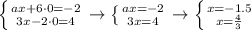 \left \{ {{ax+6\cdot 0=-2} \atop {3x-2\cdot 0=4}} \right. \to \left \{ {{ax=-2} \atop {3x=4}} \right. \to \left \{ {{x=-1.5} \atop {x= \frac{4}{3} }} \right.