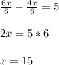 \frac{6x}{6} - \frac{4x}{6} =5 \\ \\ 2x=5*6 \\ \\ x=15