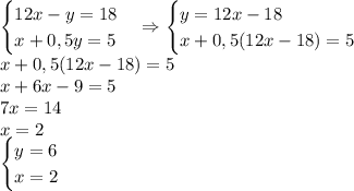 \begin{cases}12x-y=18\\x+0,5y=5\end{cases}\Rightarrow\begin{cases}y=12x-18\\x+0,5(12x-18)=5\end{cases}\\x+0,5(12x-18)=5\\x+6x-9=5\\7x=14\\x=2\\\begin{cases}y=6\\x=2\end{cases}