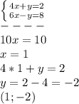 \left \{ {{4x+y=2} \atop {6x-y=8}} \right. \\ ---- \\ 10x=10 \\ x=1 \\ 4*1+y=2 \\ y=2-4=-2 \\ (1;-2)