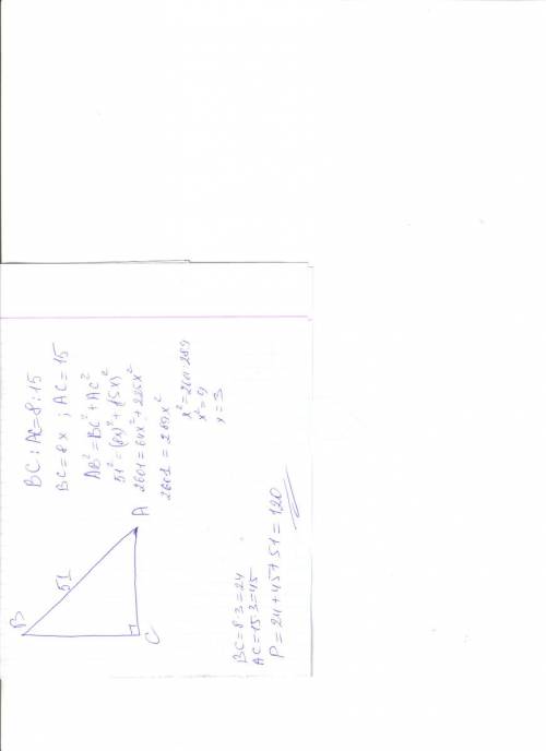 Решить! 20 ! катеты прямоугольного треугольника относятся как 8: 15 ,гипотенуза равна 51. найдите пе