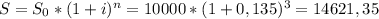 S=S_0*(1+i)^n=10000*(1+0,135)^3=14621,35