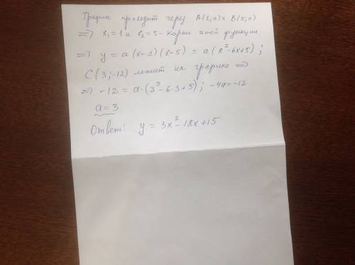 График квадратичной функции проходит через точки a(1; 0), b(5; 0) и c(3; -12). напишите формулу, эту