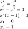 \frac{x^2}{2} = \frac{x^3}{2} \\ x^3-x^2=0 \\ x^2(x-1)=0 \\ x_1=0 \\ x_2=1