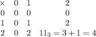 \begin{array}{cccc}\times&0&1&2\\0&0&0&0\\1&0&1&2\\2&0&2&11_3=3+1=4\end{array}