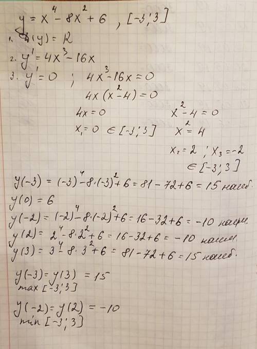 найти наибольшее и наименьшее значение функции y=x⁴-8x²+6 на отрезке [-3; 3] заранее