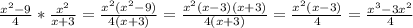 \frac{ x^{2} -9}{4} * \frac{ x^{2} }{x+3} = \frac{ x^{2} ( x^{2} -9)}{4(x+3)} = \frac{ x^{2} (x-3)(x+3)}{4(x+3)} = \frac{ x^{2} (x-3)}{4} = \frac{ x^{3}-3 x^{2} }{4}