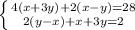 \left \{ {{4(x+3y)+2(x-y)=28} \atop{2(y-x)+x+3y=2}} \right.