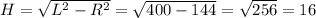 H= \sqrt{ L^{2}- R^{2} } = \sqrt{400-144} = \sqrt{256} =16