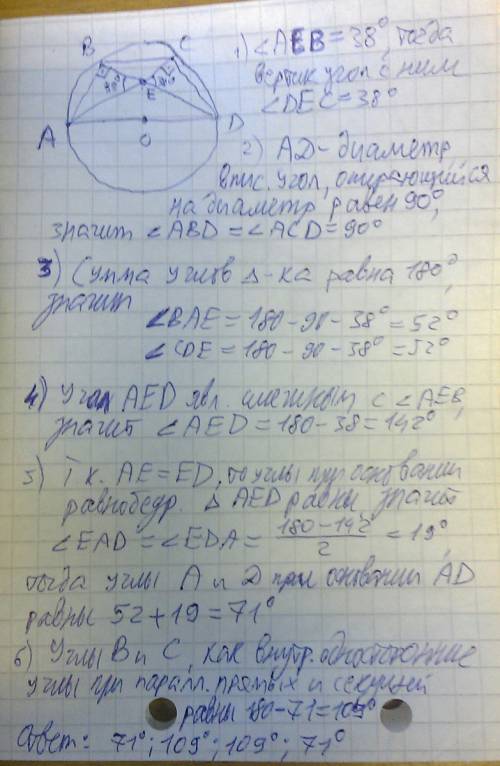 Найдите углы вписанной трапеции, если острый угол между диагоналями равен 38°, а большее основание п