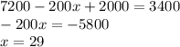 7200-200x+2000=3400 \\&#10;-200x=-5800\\&#10;x=29&#10;