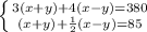 \left \{ {{3(x+y) + 4(x-y) = 380} \atop {(x+y)+ \frac{1}{2}(x-y)=85 }} \right.