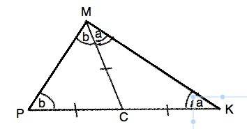 Втреугольнике mkp медиана mc равна половине стороны kp найдите угол m треугольника mkp