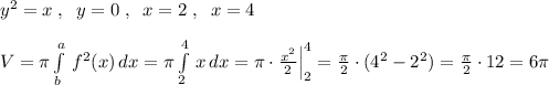 y^2=x\; ,\; \; y=0\; ,\; \; x=2\; ,\; \; x=4\\\\V=\pi \int\limits^a_b\, f^2(x)\, dx=\pi \int\limits^4_2\, x\, dx=\pi \cdot \frac{x^2}{2} \Big |_2^4=\frac{\pi }{2}\cdot (4^2-2^2)=\frac{\pi }{2}\cdot 12=6\pi