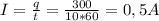 I= \frac{q}{t}= \frac{300}{10*60}=0,5A