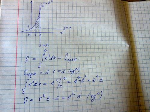 100 ! найдите площадь фигуры, ограниченной линиями у=е^х , у=1 , х=2 решить через определенный интег