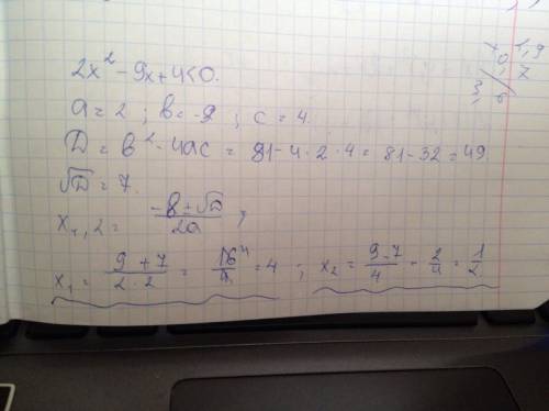 2х в квадрате - 9х + 4 < 0 решить квадратное неравенство и понятнее *