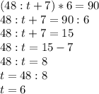 (48:t+7)*6=90 \\ 48:t+7=90:6 \\ 48:t+7=15 \\ 48:t=15-7 \\ 48:t=8 \\ t=48:8 \\ t=6