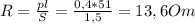 R= \frac{pl}{S} = \frac{0,4*51}{1,5}=13,6Om