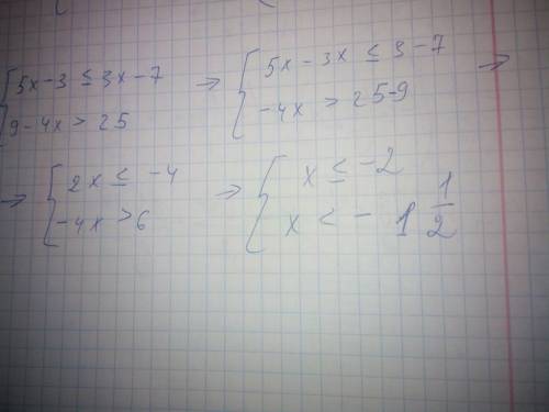 Решите систему неравенств: { 5x-3≤3x-7 9-4x> 25