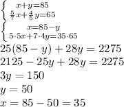 \left \{ {{x+y=85} \atop {\frac{5}{7} x+ \frac{4}{5} y=65}} \right. &#10;\\\&#10; \left \{ {{x=85-y} \atop {5\cdot5 x+ 7\cdot4 y=35\cdot 65}} \right. &#10;\\\&#10;25(85-y)+28 y=2275&#10;\\\&#10;2125-25y+28 y=2275&#10;\\\&#10;3 y=150&#10;\\\&#10;y=50&#10;\\\&#10;x=85-50=35