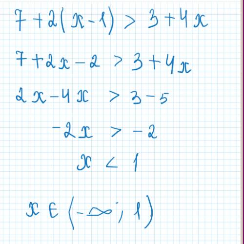 Решите неравенство 7+2(х-1)больше 3+4х