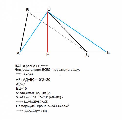 Найти площадь трапеции, диагонали которой равны 7 см и 15 см , средняя линия 10 см