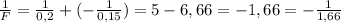 \frac{1}{F} = \frac{1}{0,2} + (- \frac{1}{0,15} ) = 5 - 6,66 = - 1,66 = -\frac{1}{1,66}