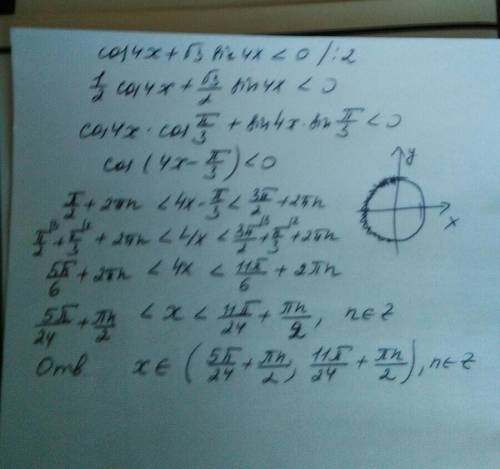 Решить неравенство cos4x+√3sin4x< 0