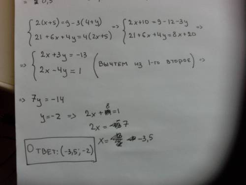 Решите систему уравнений {2(х+5)=9-3(4-у) { 21+6х+4у=4(2х+5)