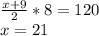 \frac{x+9}{2}*8=120\\&#10; x=21