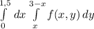 \int\limits^{1,5}_0 {} \, dx \int\limits^{3-x}_{x} {f(x,y)} \, dy