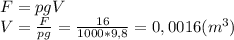 F=pgV\\V=\frac{F}{pg}=\frac{16}{1000*9,8}=0,0016(m^3)