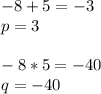 -8+5=-3\\p=3\\\\-8*5=-40\\q=-40