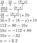 \frac{16}{3} : \frac{10}{3} = \frac{(8-x)}{7} \\ \frac{16*3}{3*10} = \frac{(8-x)}{7} \\ \frac{16}{10} = \frac{(8-x)}{7} |*70 \\ 16*7=(8-x)*10 \\ 112=80-10x \\ 10x=-112+80 \\ 10x=-32 \\ x=-3,2