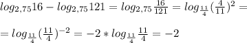 log_{2,75}16-log_{2,75}121=log_{2,75} \frac{16}{121}=log_{ \frac{11}{4}}( \frac{4}{11})^2=\\\\=log_{ \frac{11}{4}}( \frac{11}{4})^{-2}= -2* log_{ \frac{11}{4}} \frac{11}{4}=-2