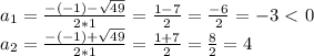 a_{1}=&#10; \frac{-(-1)- \sqrt{49} }{2*1} = \frac{1-7}{2} = \frac{-6}{2} =-3 \ &#10;\textless \ 0 \\ a_2= \frac{-(-1)+ \sqrt{49} }{2*1} = \frac{1+7}{2} = &#10;\frac{8}{2} =4