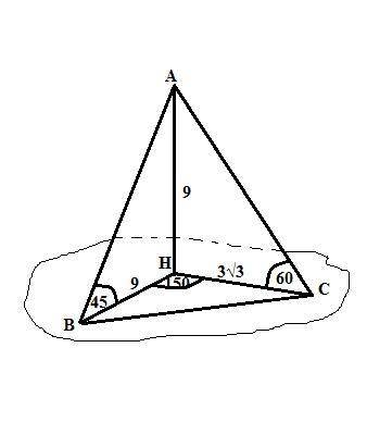 Точка a находится на расстоянии 9 см от плоскости a . наклонные ab и ac образуется с плоскостью a уг
