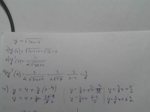 Составьте уравнение касательной к графику функции y= кореньиз(3x+4) в точке x=4