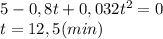 5-0,8t+0,032t^2=0\\t=12,5(min)